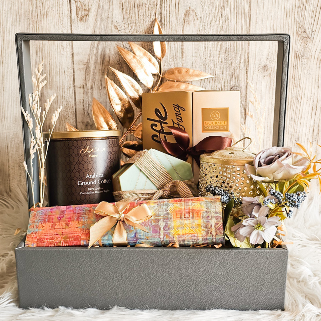 Elegant Serene Hamper beautifully presented in a grey faux leather basket, perfect for gifting during special occasions.