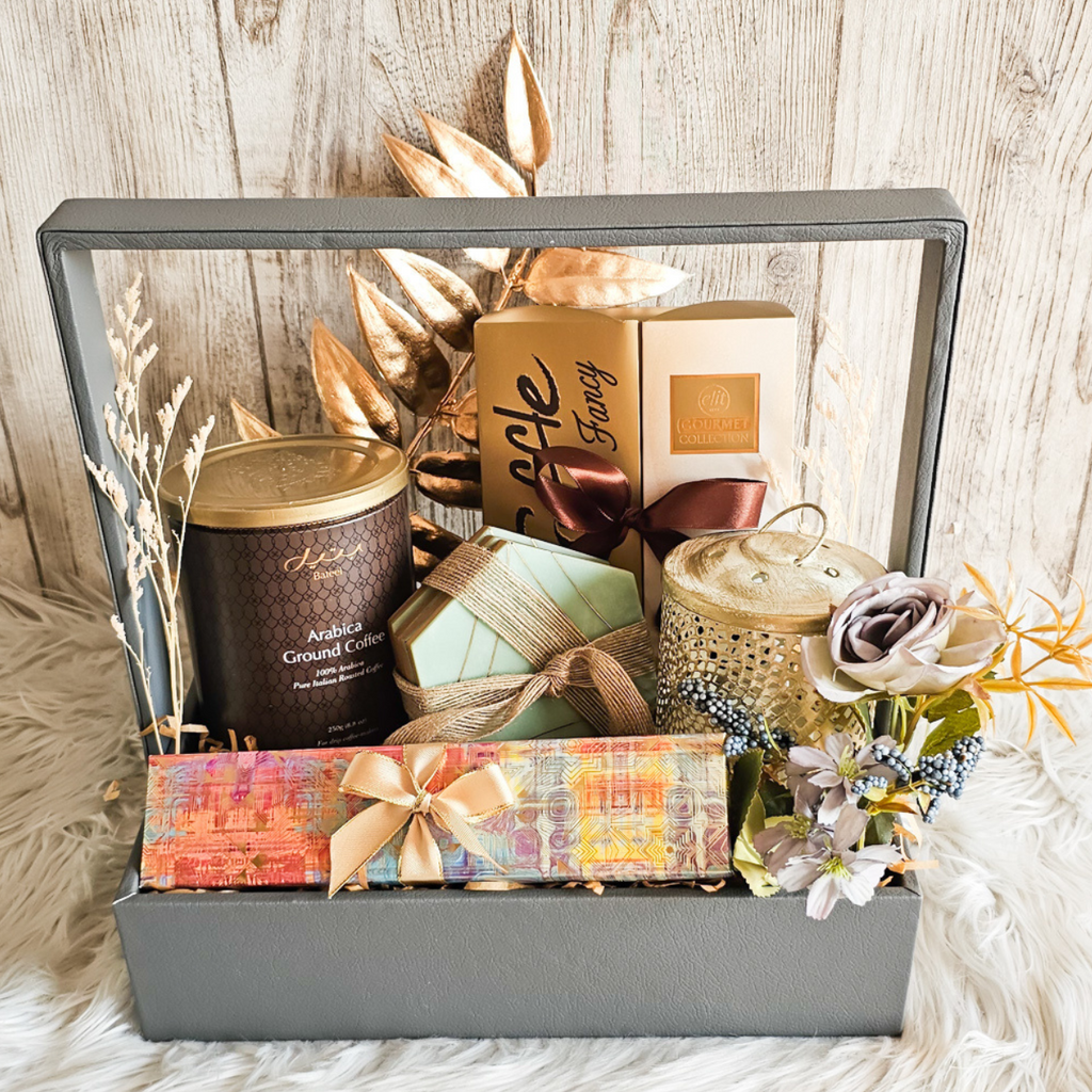 Thoughtfully curated Serene Hamper by Baskilicious Gifts, showcasing a selection of gourmet treats and decorative items.